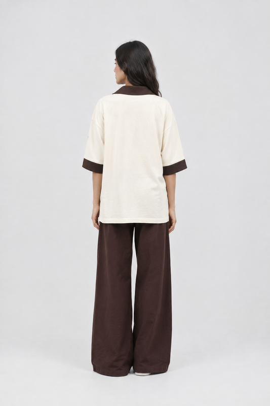 Cream Brown-Trim Oversized Polo