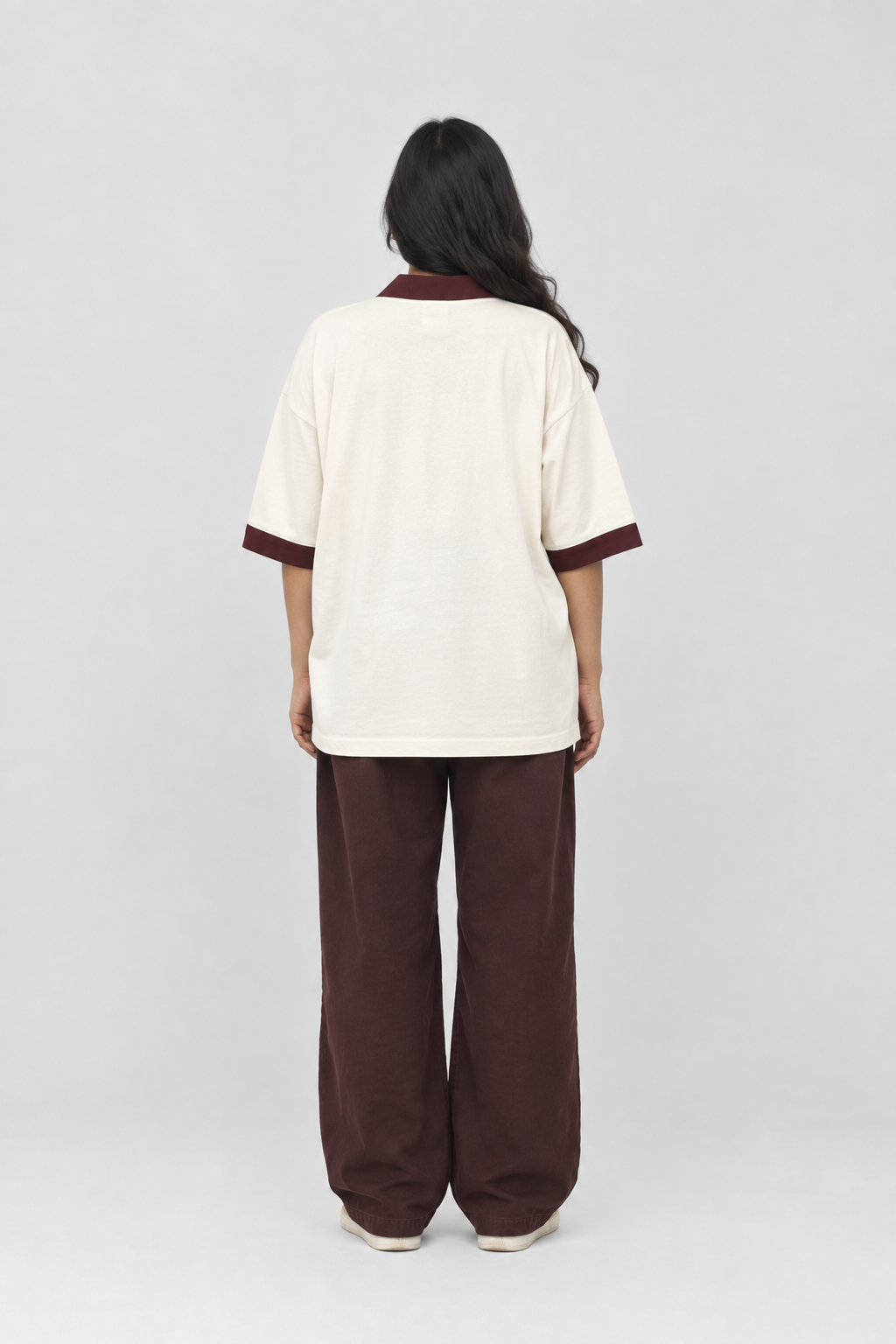 Cream Maroon-Trim Oversized Polo