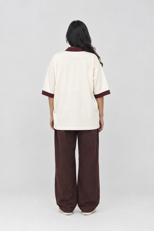 Cream Maroon-Trim Oversized Polo