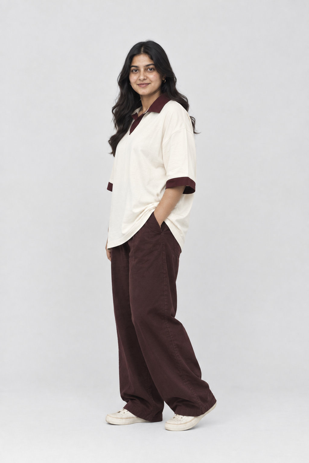 Cream Maroon-Trim Oversized Polo