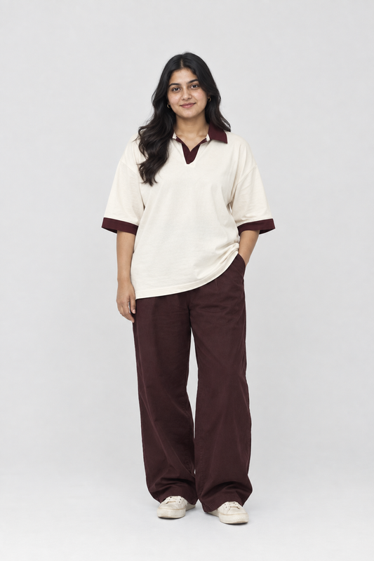 Cream Maroon-Trim Oversized Polo