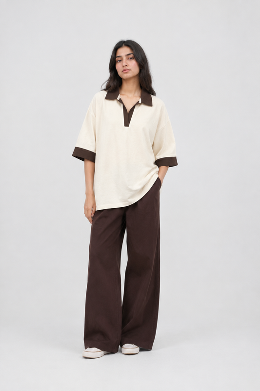 Cream Brown-Trim Oversized Polo